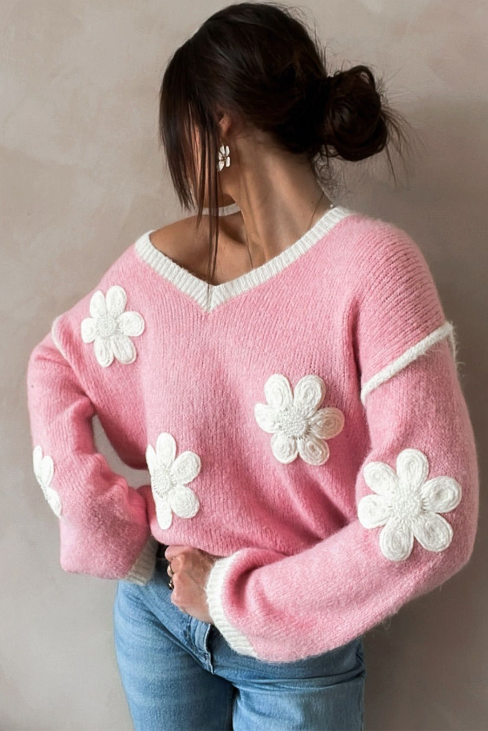 Pink Flower V Neck Dropped Shoulder Sweater