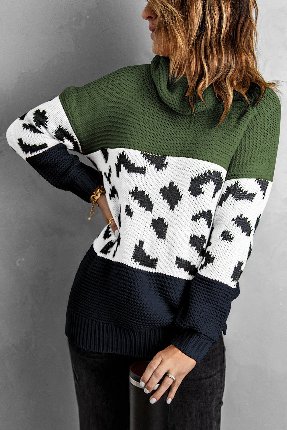 Green Turtleneck Splicing Chunky Knit Pullover Sweater