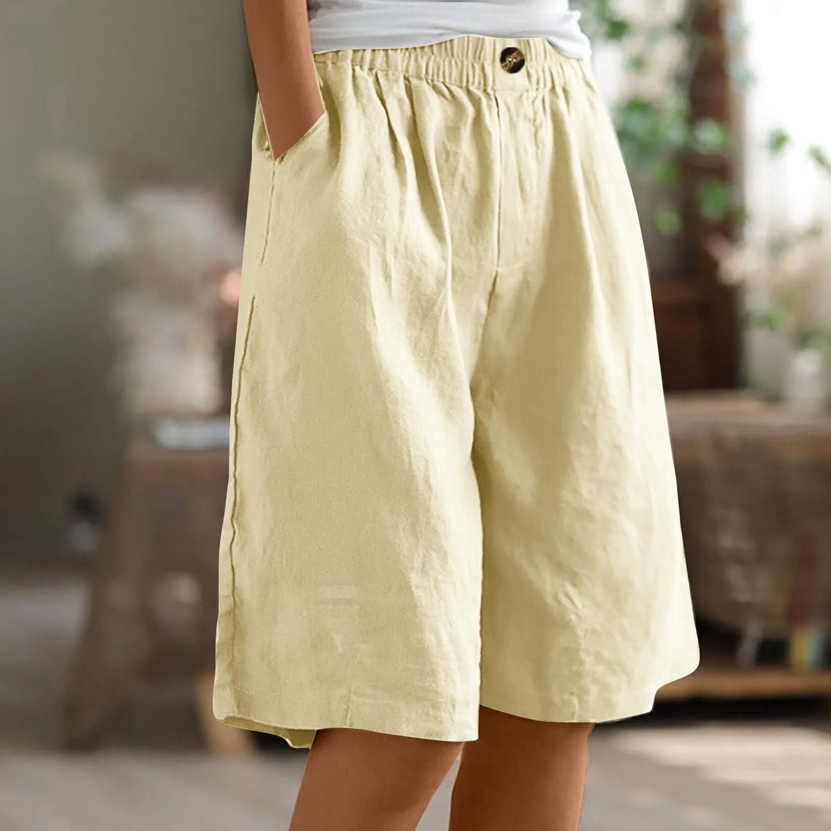 Women's Fashion Solid Color Pants Pocket Button Up Capris Loose Elastic Waist Cotton Linen Shorts