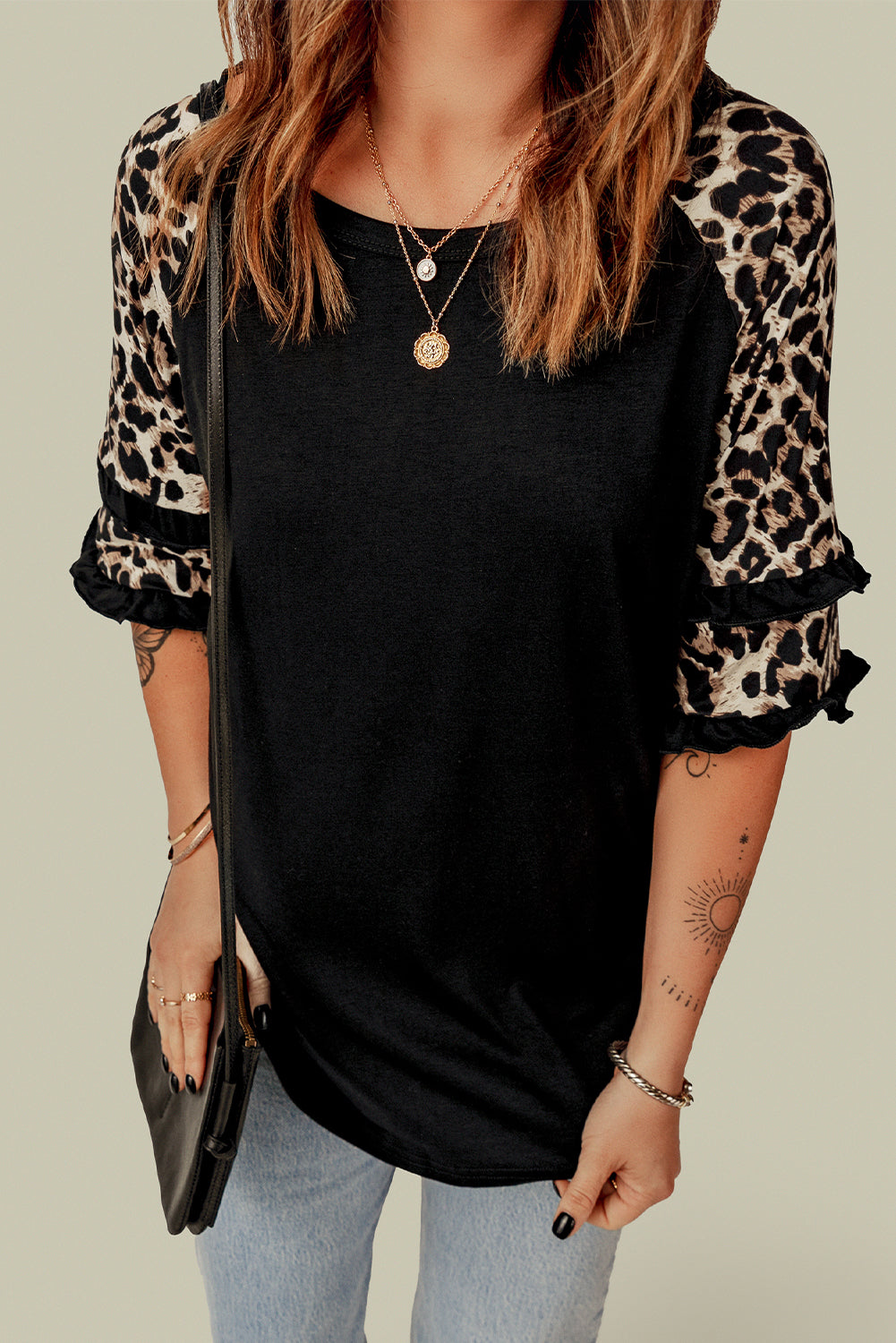 Blank Apparel - Black Ruffled Leopard Sleeve Patchwork Top