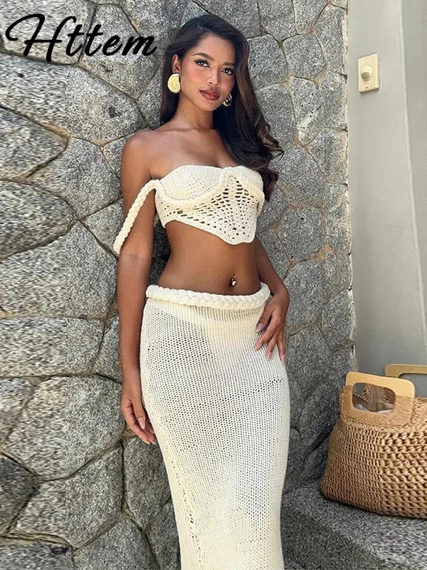 Knit Halter 2 Piece Suit Women Halter Sleeveless Backless Crop Tank Long Hip Package Skirt 2025 Vacation Lady Sets