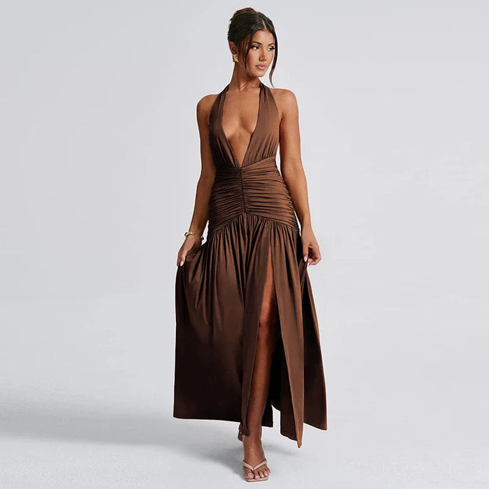 2024 summer new temperament hanging neck V-neck backless pleated slit high waist long dress