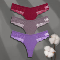 FINETOO 3Pcs Women's Cotton Underwear Lace Thongs Sexy Solid Color Low Waist Bikini Panties Ladies Breathable G-string Lingerie