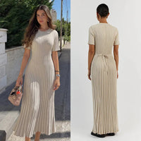 Elegant Knitted Ribbed Long Dress Women Slim Wave O-neck Short Sleeve Hip Package Dresses Female 2024 Summer Lady  Robe