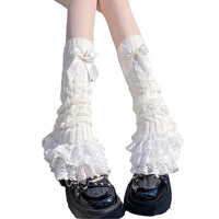 Japanese Women Knitted Leg Warmer Bow Tiered Ruffled Socks Girl Lace Lolita Socks Calf T-shaped Lace Leg Horn Warmers Women P1J5