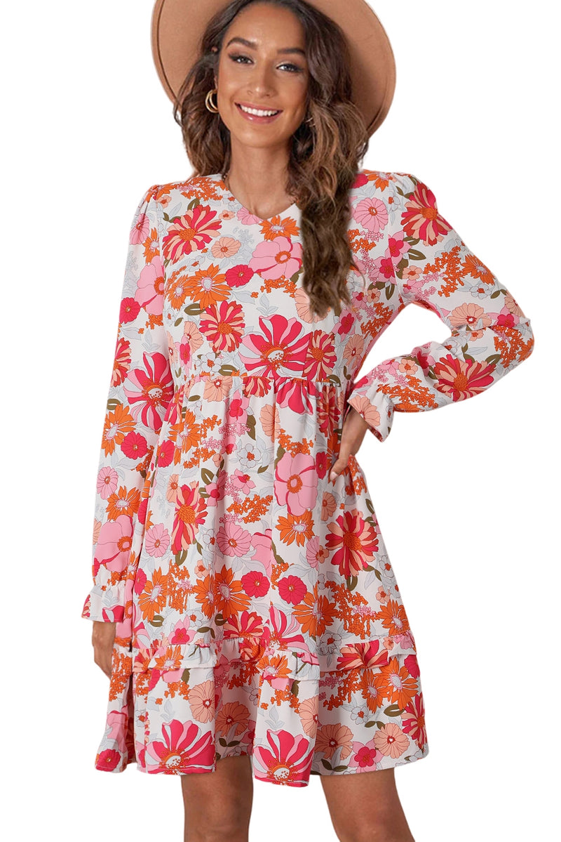 Multicolor Floral V Neck Long Sleeve Skater Dress