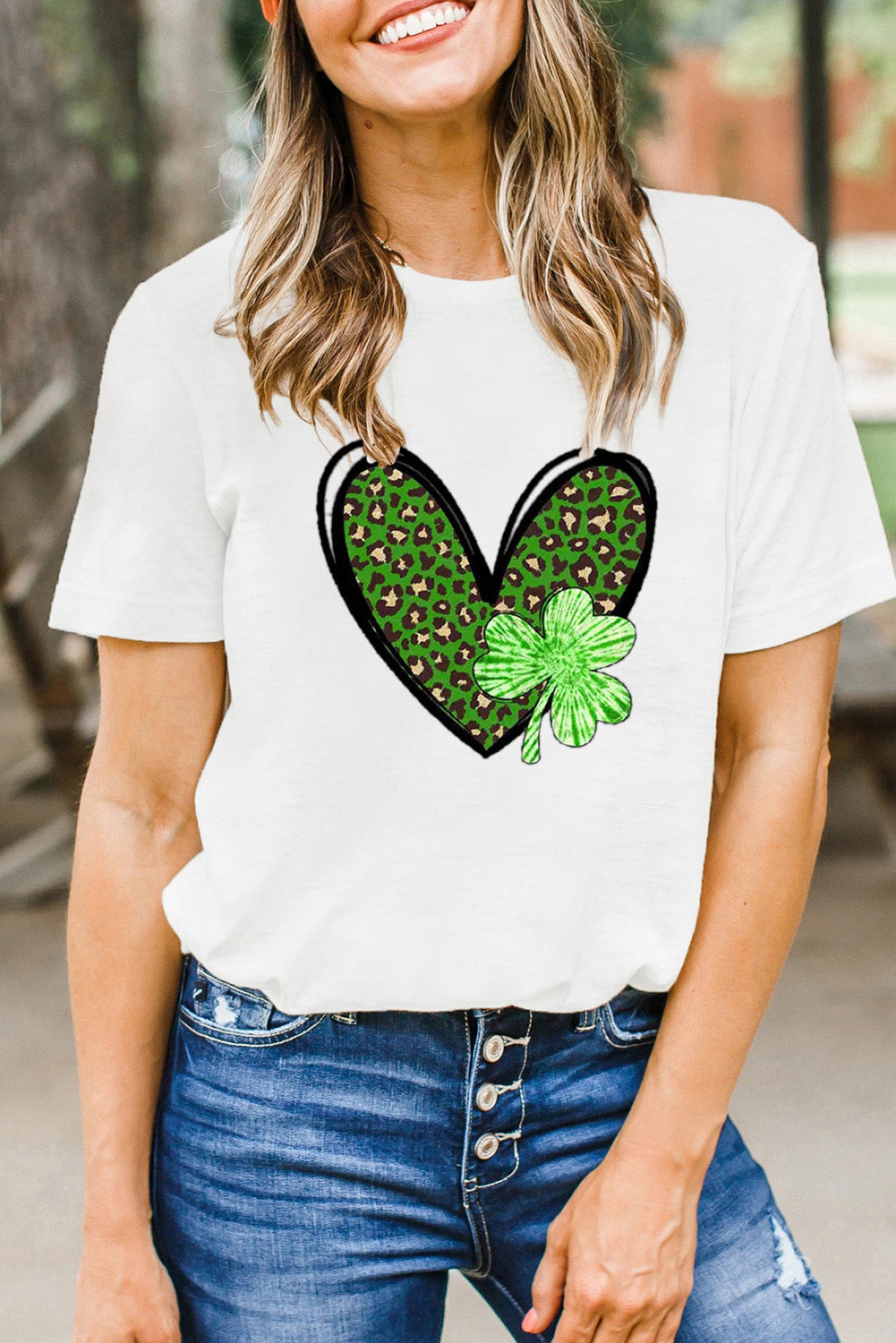 White Clover Leopard Heart Shaped Print Crewneck Graphic Tee