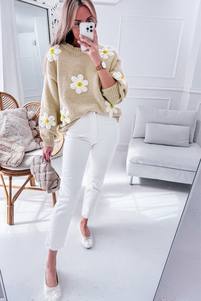 Parchment Floral Crochet Chunky Knit Sweater