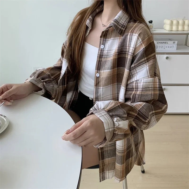 Plaid Shirt Women Autumn Long Sleeve Top Female Vintage Fashion Single Breasted Blouse Ladies Preppy Style Loose Check Shirts