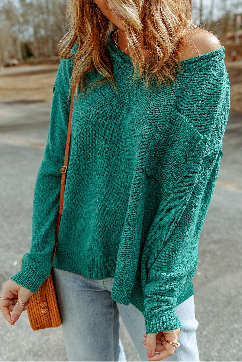 Burgundy Solid Color Off Shoulder Rib Knit Sweater with Pocket