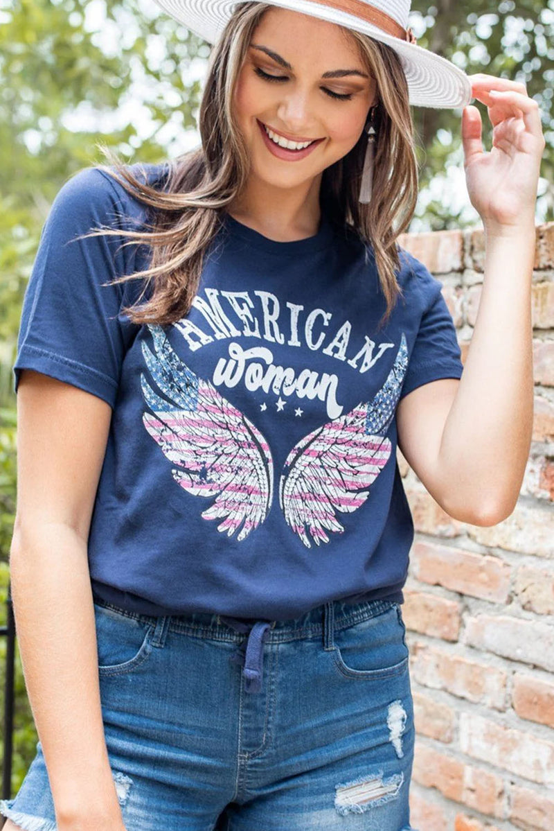 Blue American Woman Flag Eagle Wing Graphic Tee