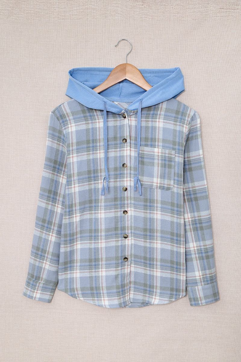 Sky Blue Plaid Print Pocket Drawstring Hooded Jacket