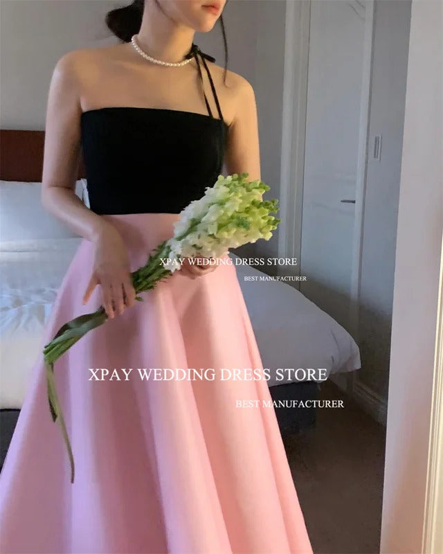 XPAY Black Pink Korea Evening Party Dress Customized A Line Strapless Wedding Photo Shoot Sleeveless Backless Corset Prom Dress