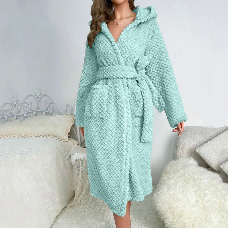 2024 Autumn Plush Hooded Robe Bathrobe Women Winter Thicken Soft Nightgown Robes Female Large Home Dressing Gowns Pajamas