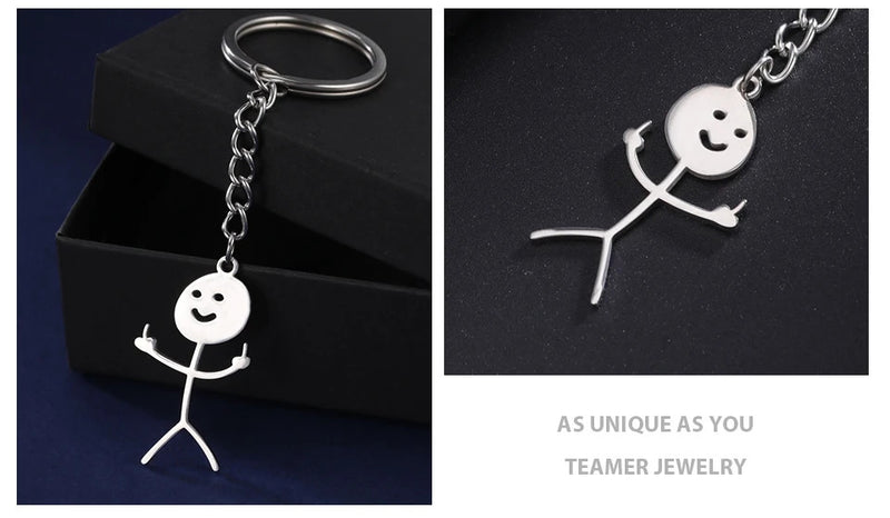 Teamer Funny Middle Finger Stickman Keychain 2024 Cute Trend School Bag Car Key Pendant Couple New Trinket Gift Keyring