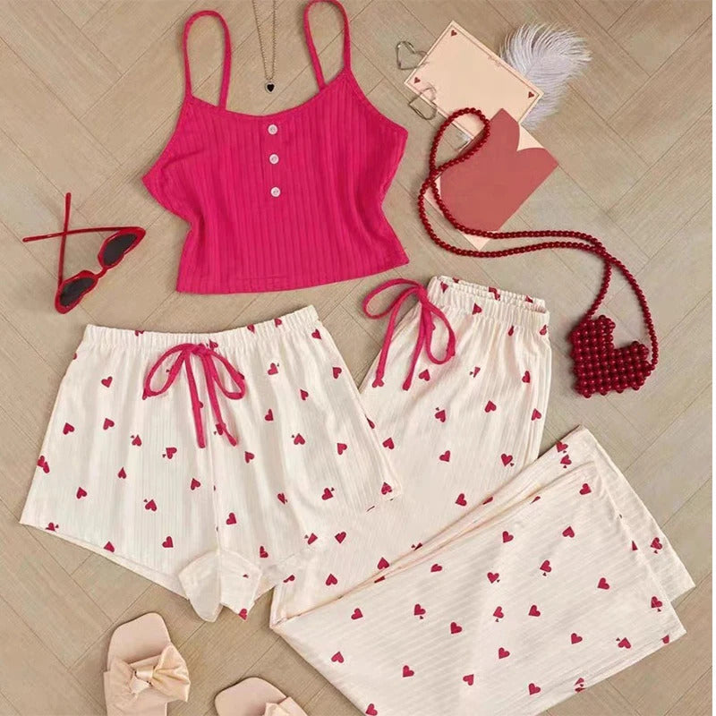 Three Piece Women's Heart-Shaped Printed Vest Shorts and Pants Paired with Ribbed Fabric for Home Casual Women's Sleepwear Set