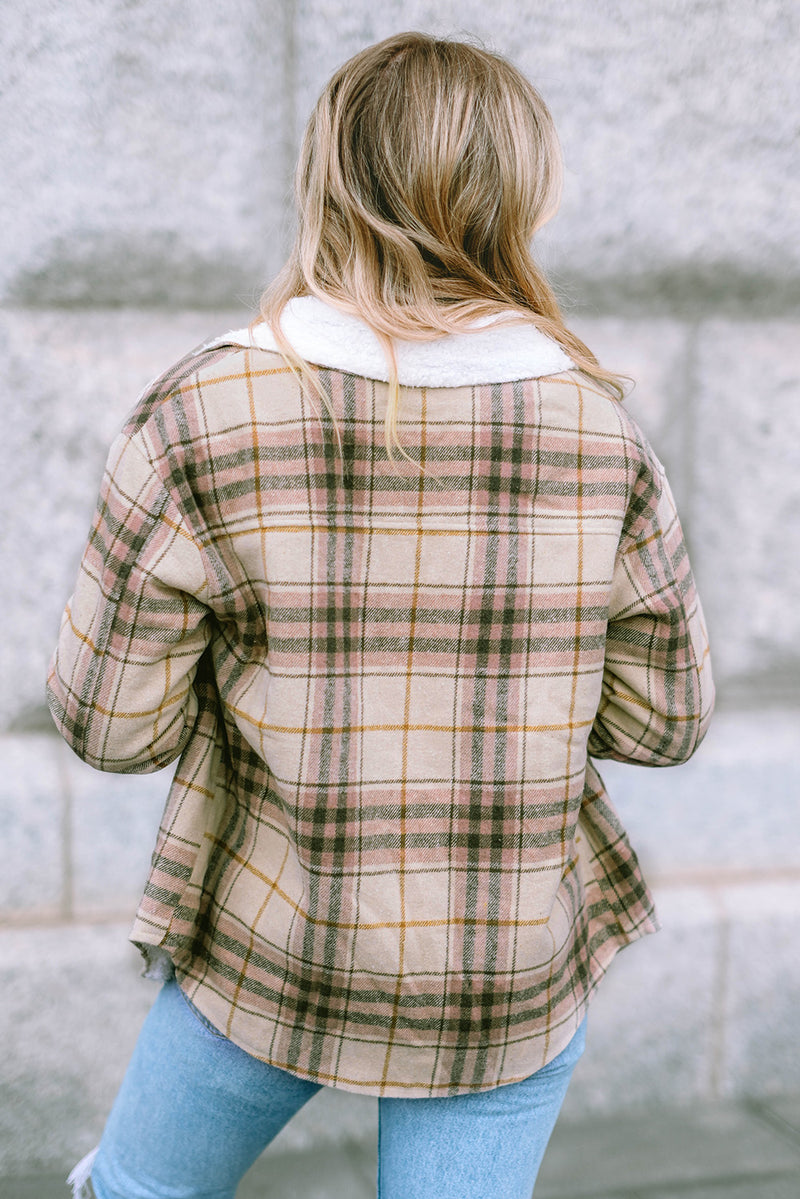 Pink Winter Sherpa Lined Plaid Shacket with Chest Pockets