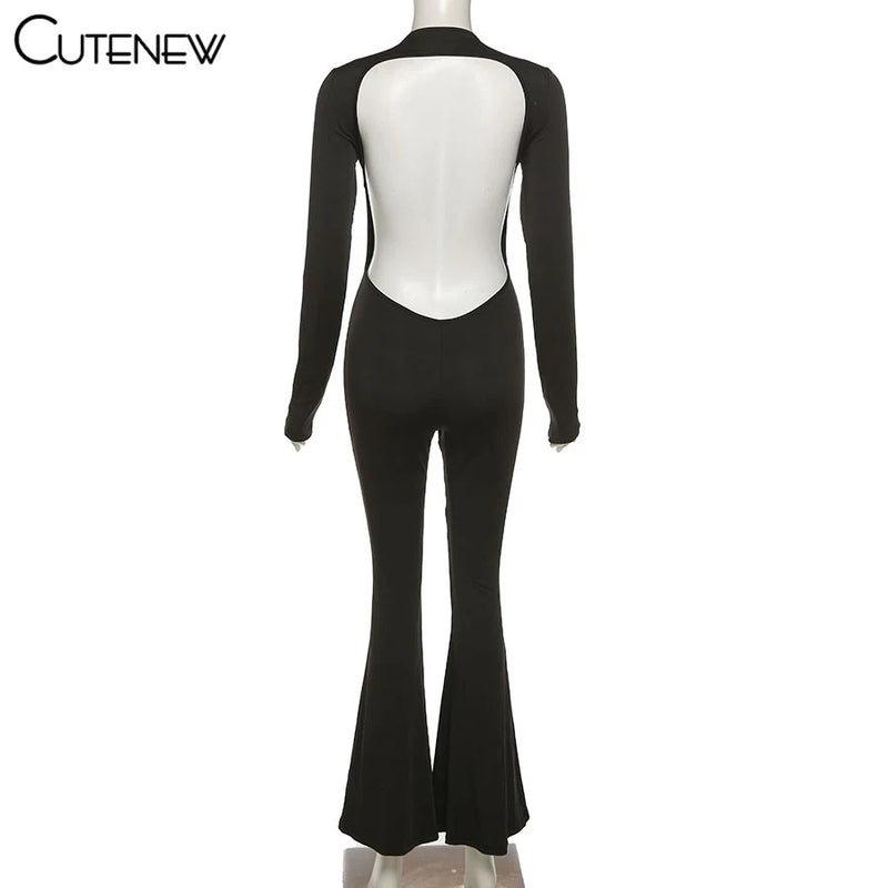 Cutenew Solid Black Sexy Backless Bodycon Wide Leg Jumpsuit Women Autumn Casual Slim Long Sleeve O-Neck Playsuit Lady Streetwear