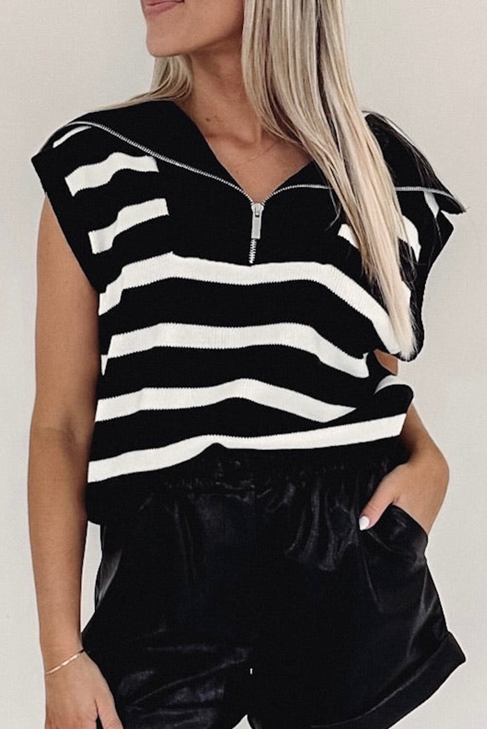 Black Stripe Zipped Collar Knit Sweater Tank