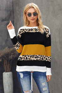 Crewneck Leopard Color Block Knit Pullover Sweater