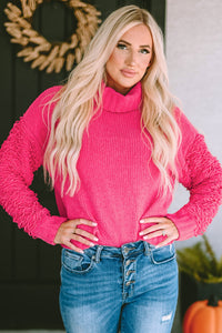 Pink Ribbed Turtleneck Fuzzy Sleeve Knit Sweater