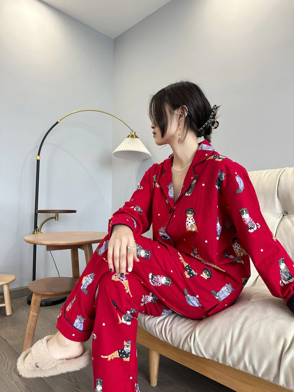 100% Cotton Pajamas for Women Loose Cartoon Long Sleeve Pants Loungewear Women 2 Piece Set Pj Women Outfit Sleepwear Set Pijamas