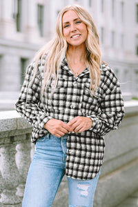 Black Plaid Print Chest Pockets Buttoned Tunic Shacket