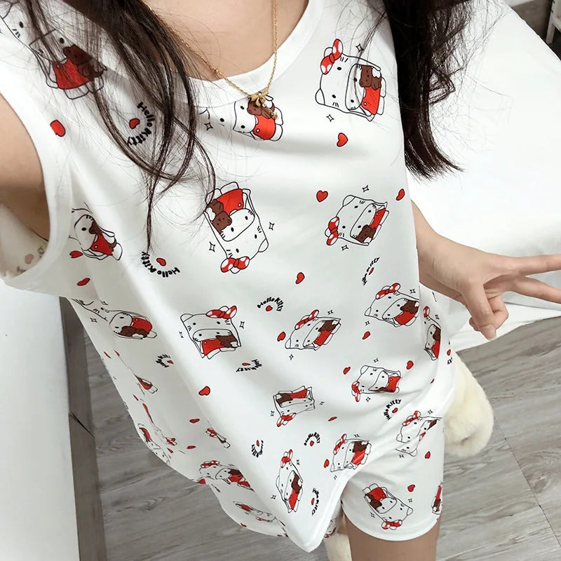 Women's Loose Round Neck Cute Kitty Homewear Pajamas Women's Simple Leisure Long Sleeve Long Pants Two-piece Suit Pajamas  Women