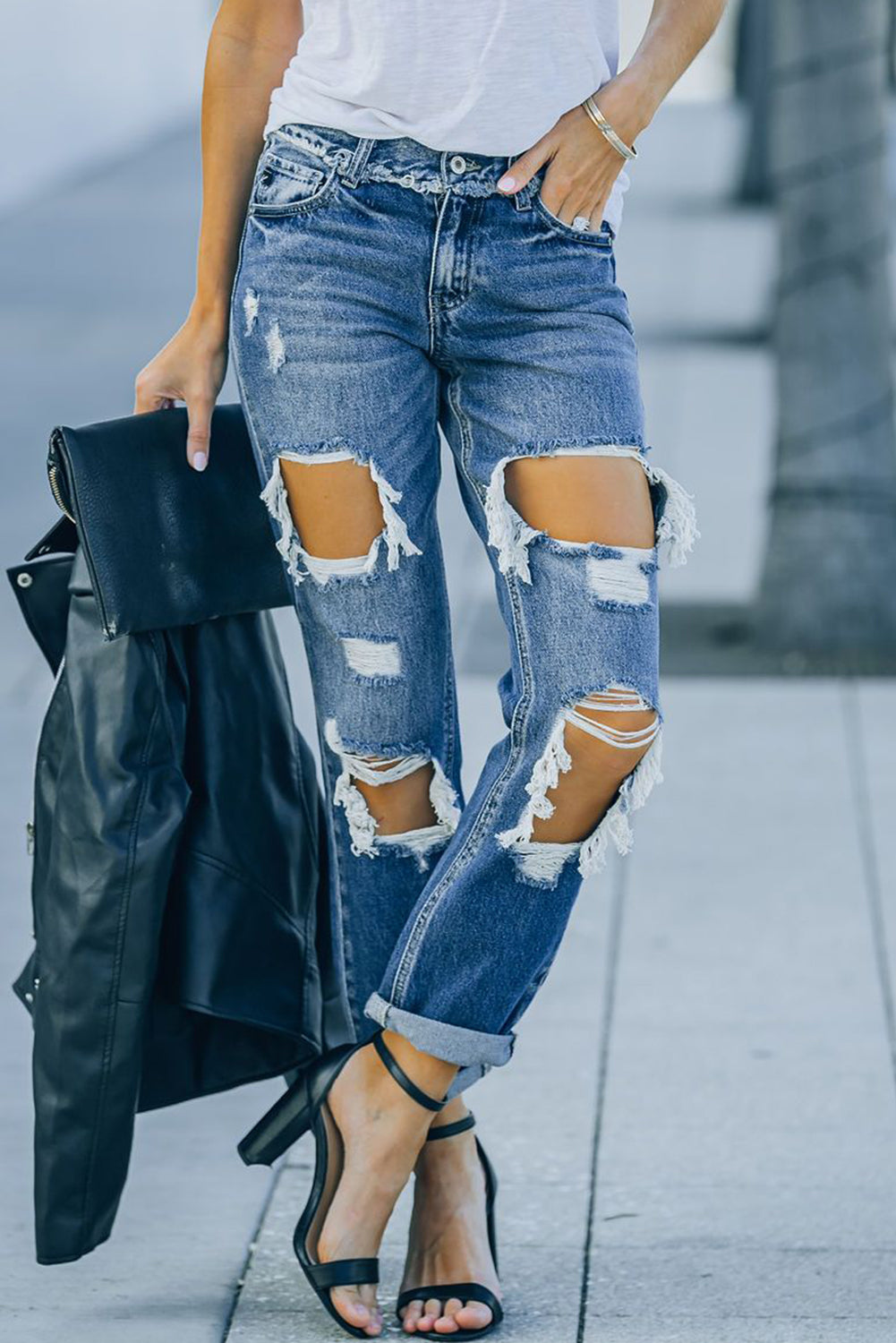 Sky Blue Cut Out Straight Leg Distressed Boyfriend Jeans