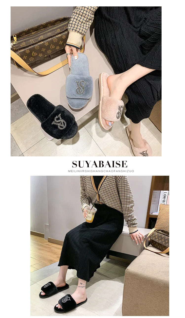 Female Home Cotton Slippers Women Autumn Winter Hairy Warm Footwear Fashion Letter Rhinestones Sandals Woman Casual Flat Shoes