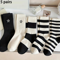 5 Pairs Women's Comfortable Patriotic Mid Calf Socks Cotton Blend, Breathable, Chic Knit Stripe/Star Pattern