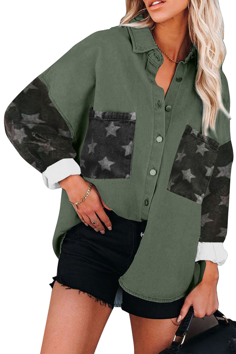 Green Star Print Patchwork Button-up Jacket