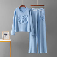 Letter Print Indentation Round Neck Long Sleeved Knitted Sweater Pullover Casual Wide Leg Pants Two-piece Set Women's Pants Set