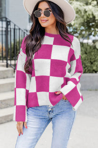 Bright Pink Checkered Round Neck Baggy Sweater