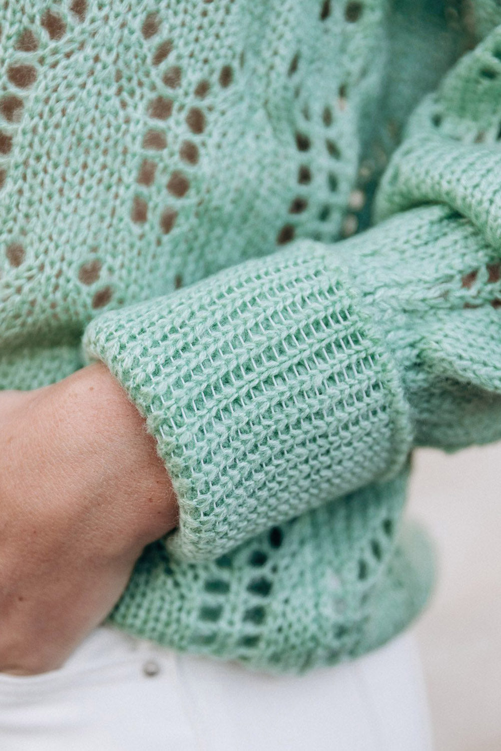 Green Sheer Knitted Pointelle Sweater