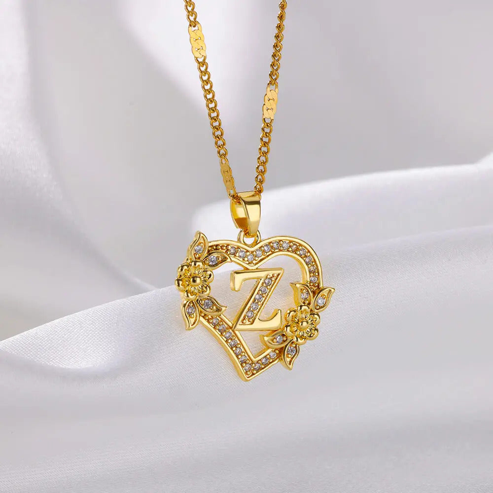 Zircon Flower Heart Initials Necklaces For Women Stainless Steel Heart Lover Gold Color Letter Chain Collar Necklace Jewelry