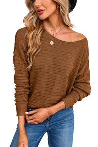 Brown Textured Knit Round Neck Dolman Sleeve Sweater