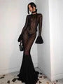 Mesh Patchwork Halter Neck Dresses for Women Sexy Lace-up Backless See-through Evening Dress Sleeveless Backless Long Party Robe