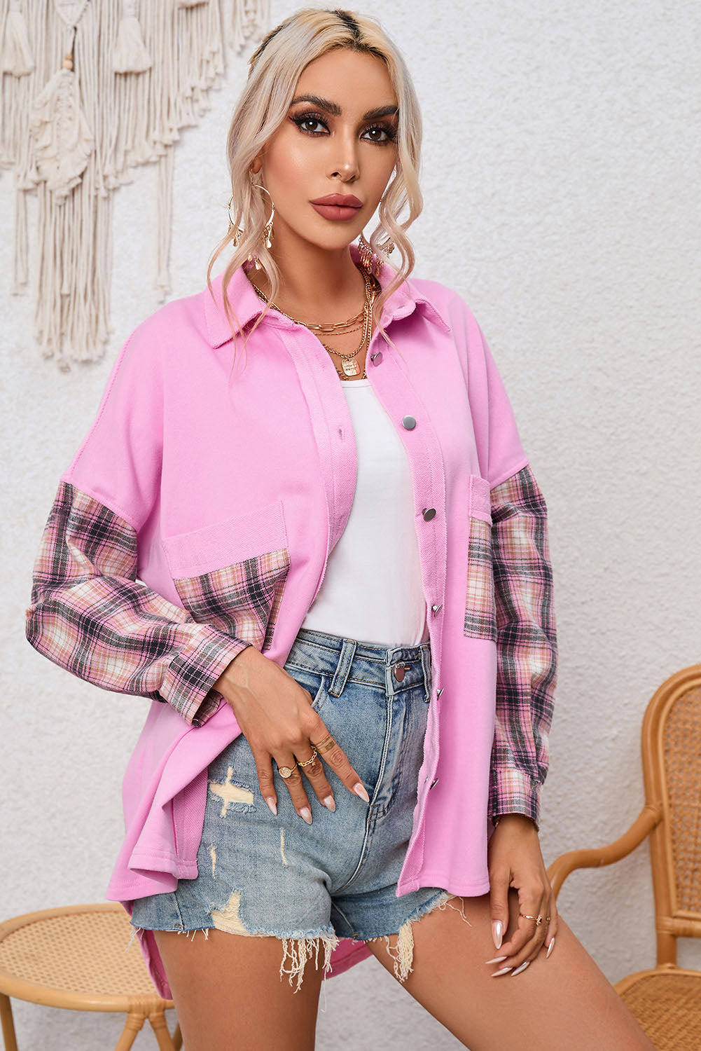 Black Plaid Patchwork Chest Pockets Oversized Shirt Jacket