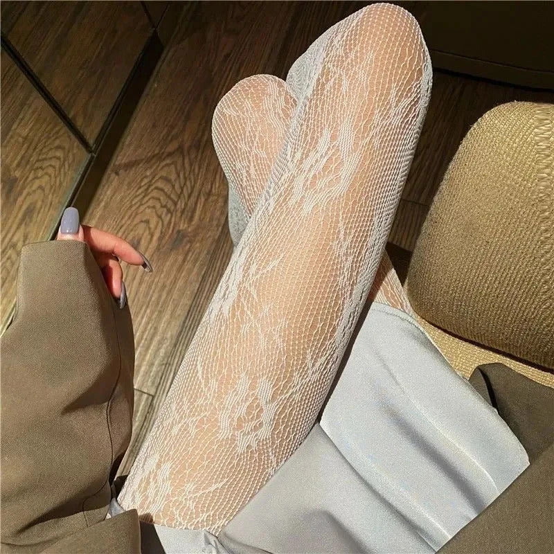 Classic Lolita Hollowed Out Lace Mesh Stockings Bottomed Pantyhose Hot Tights Japanese Lolita Retro Floral Rattan White Stocking