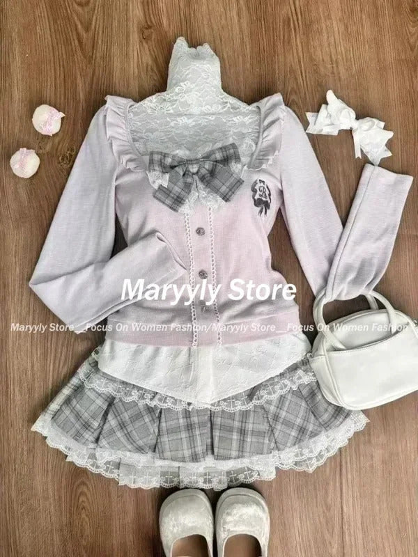 Japanese Sweet Preppy Style Skirt Set Women Kawaii Lace Patchwork Bow Tops + Y2k Plaid Mini Skirt Elegant Outifits 2 Piece Set