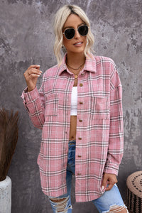 Black Plaid Pattern Buttoned Shirt Coat with Slits