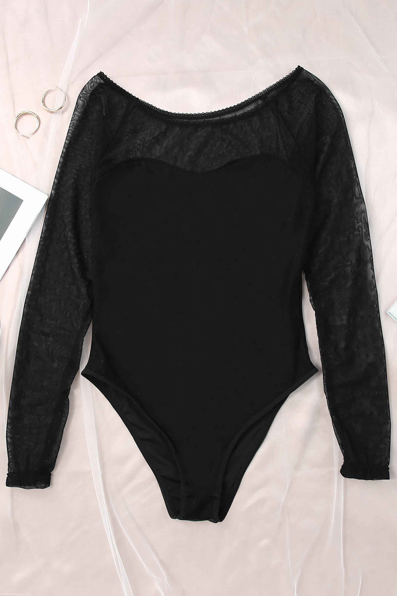 Black Dotty Mesh Overlay Long Sleeve Bodysuit