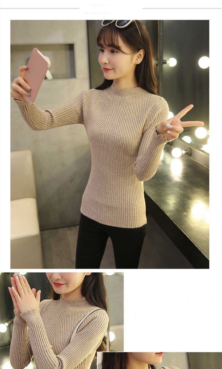 EVNISI Autumn Women Mock Neck Ruffles Sweater Long Sleeve Knitted Bottoming Solid Pullovers Stripe Women Casual Sweater Winter