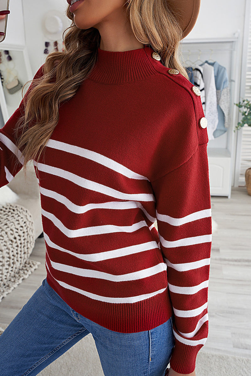 Wine Striped Turtleneck Long Sleeve Sweater with Buttons