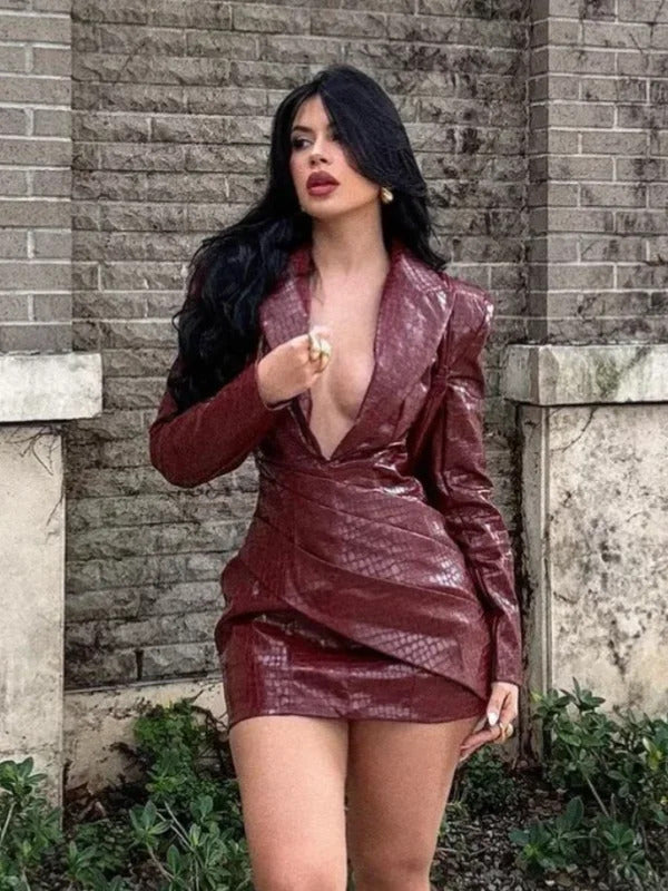 Sexy Deep V Neck Burgundy Leather Dress Women Long Sleeve High Waist Fold Slim Mini Dresses 2024 New Lady Highstreet A-line Robe