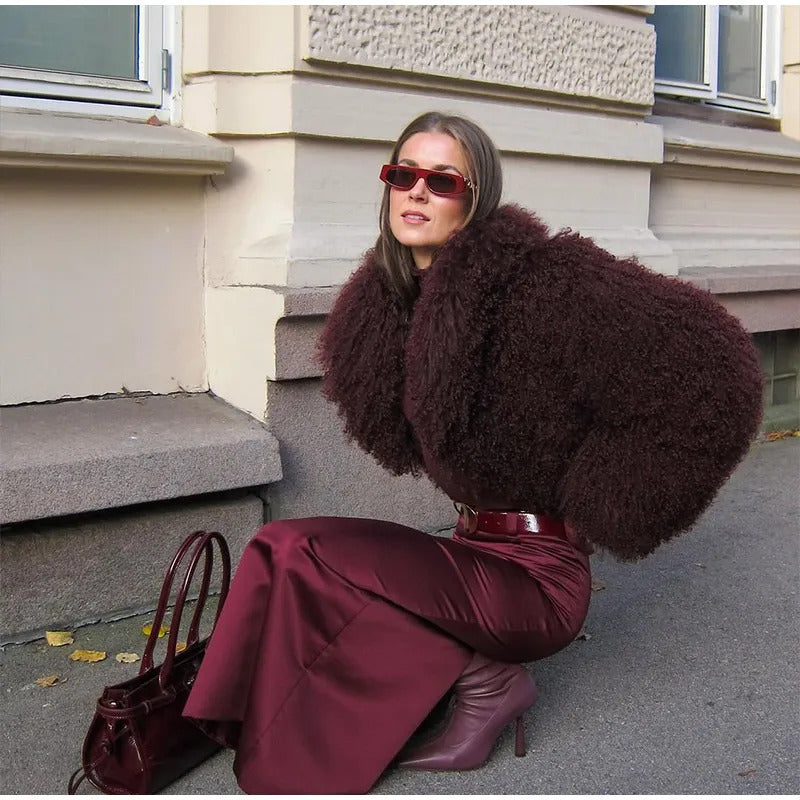 Retro Burgundy Tassels  Faux Fur Long Sleeves Short Coat Elegant Loose Turn-down Collar Jacket 2024 New Woman High Street Coats