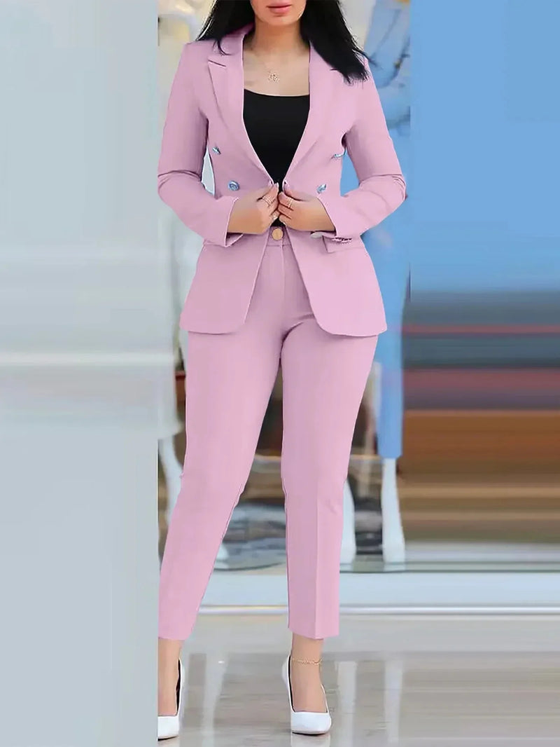 New 2025 Formal Office Pant Sets Women 2PCS Double Breasted Solid Blazers Jacket and Pants Two Pieces Set Female Pant Suits Sets