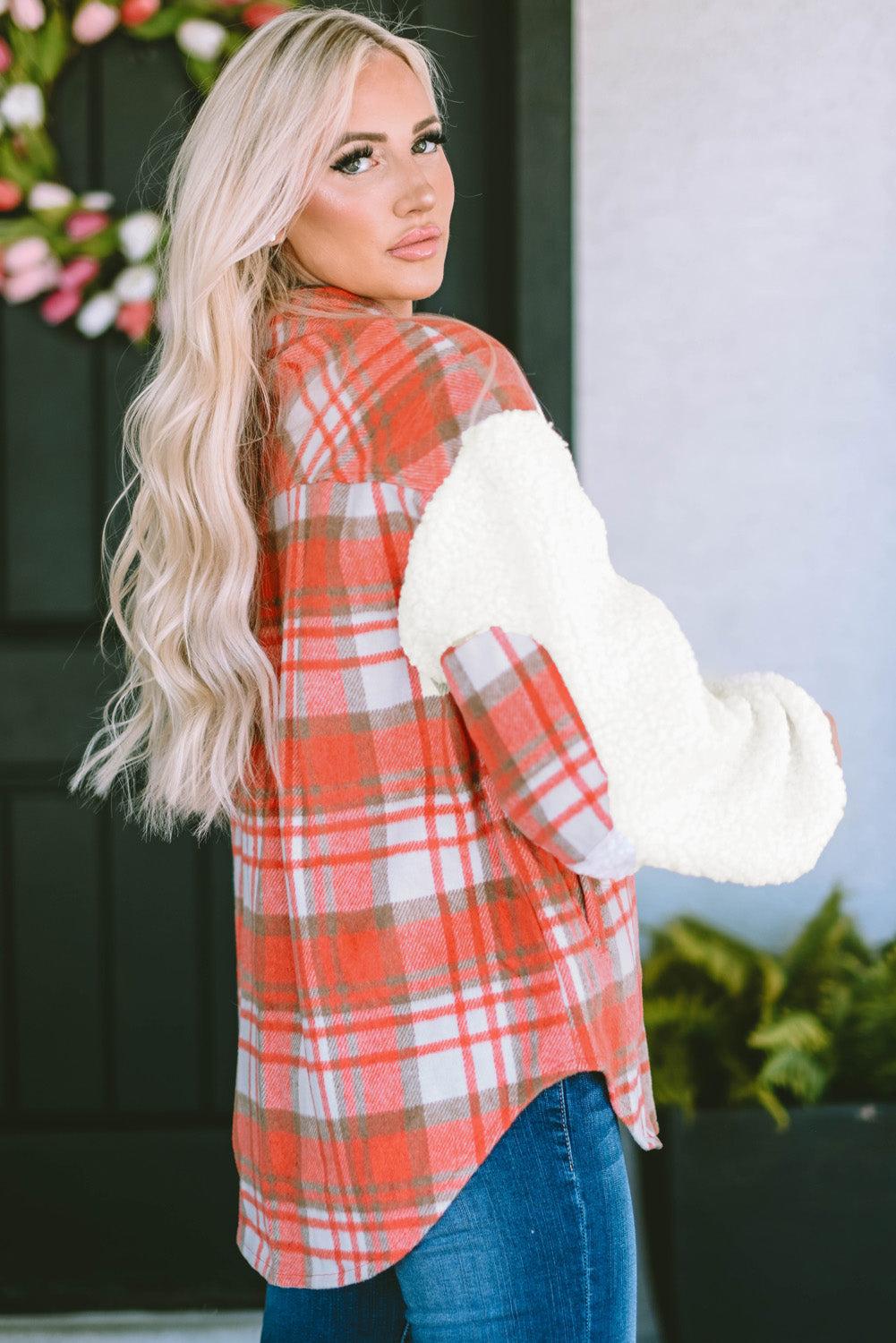 Fiery Red Sherpa Sleeve Plaid Print Shacket