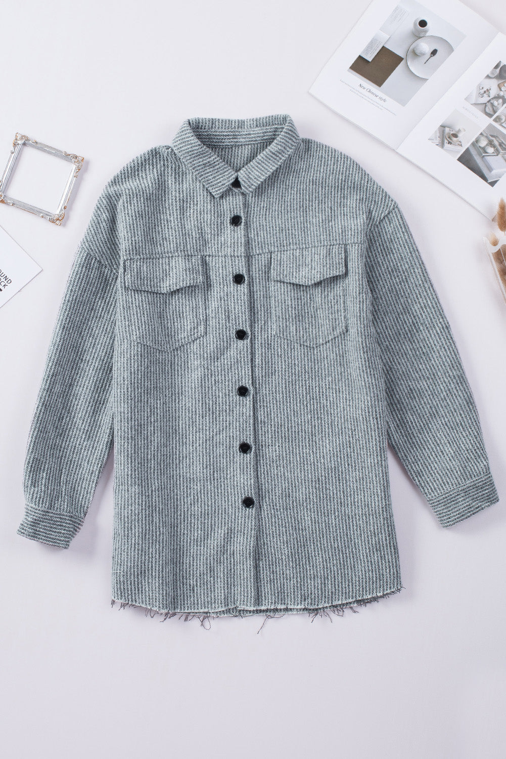 Gray Textured Button Down Shirt Jacket with Pockets